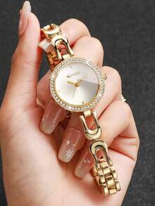 Women's Bracelet Watch, Round Dial With Rhinestones, Simple Scale, Elegant Quartz Watch, Gift For Girlfriend (1pc/Set), Watch Box Not Included - Gold - View 4