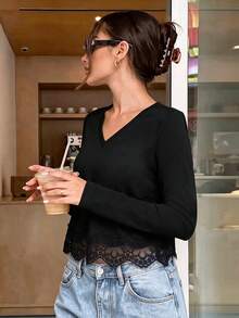 minisummer Women's Elegant Autumn Black V-Neck Long Sleeve Cropped Top, Eyelash Lace Hem Fitted Basic Blouse, Suitable For Casual Wear - Black - View 1