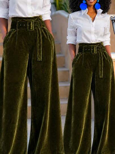 GLOURI Pantalones de terciopelo de pierna ancha para mujer, pantalones elegantes de cintura alta con cinturón,pantalones elegantes de corte para fiestas navideñas y ocasiones nocturnas