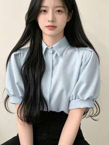 Summer Casual Solid Color Loose Puff Sleeve Shirt - Blue - View 3