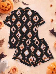 Halloween 2pcs Women's Pajama Set, Pumpkin Ghost Print, Holiday Women's Loungewear, Short Sleeve Lapel Top And Shorts, Can Be Worn As Outerwear - Multicolor - View 2