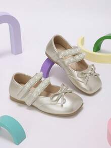 Girls' Light Gold Pearl Bow Hook & Loop Mary Jane Shoes, Playful Style Kids Shoes Suitable For Summer Parties, Shopping And Daily Outings - Gold - View 6