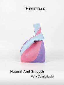 Macaron Colorblock Knitted Handbag, Pink Purple Blue Contrast Color Minimalist Woven Mini Bag - Pink - View 6