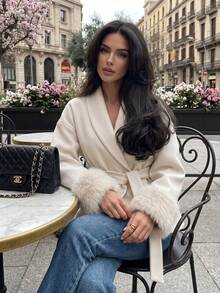 Women's Elegant Beige Woven Fabric Coat, Shawl Collar Design, With Faux Fur Cuffs And Belt, Autumn/Winter - Beige - View 8