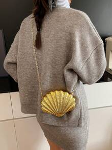 Dedoo 女款貝殼造型晚宴手拿包，3D貝殼壓紋圖案，時尚新穎風格，婚禮宴會派對斜挎包，四季皆宜 - 金色 - 查看 2