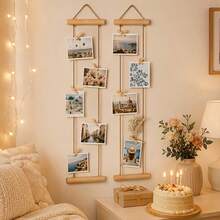 18pcs Wall-Mounted Photo Display Rack Set (Includes 1 Hanging Display Rack + 15 Photo Clips + 1 Adhesive Hook + 1 Metal Hook) - Wooden Photo Wall Hanging Rope, Wooden Jute Rope Decorative Photo Clips, Hanging Photo Clip Frame - A - View 3