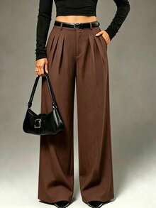 Women's Commuter High Waist Pure Pleated Loose Wide Leg Suit Pants - Brown - View 3