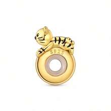 1pc Silver Plated Fierce Beast Spacer Bead, 3D Tiger Leopard Lion Crouching Design, Engraved Decoration Anti-Slip Positioning, Suitable For Basic Bracelets, Personalized , Ideal For Handmade DIY Beading And Holiday Gift Wearing - Gold - View 2