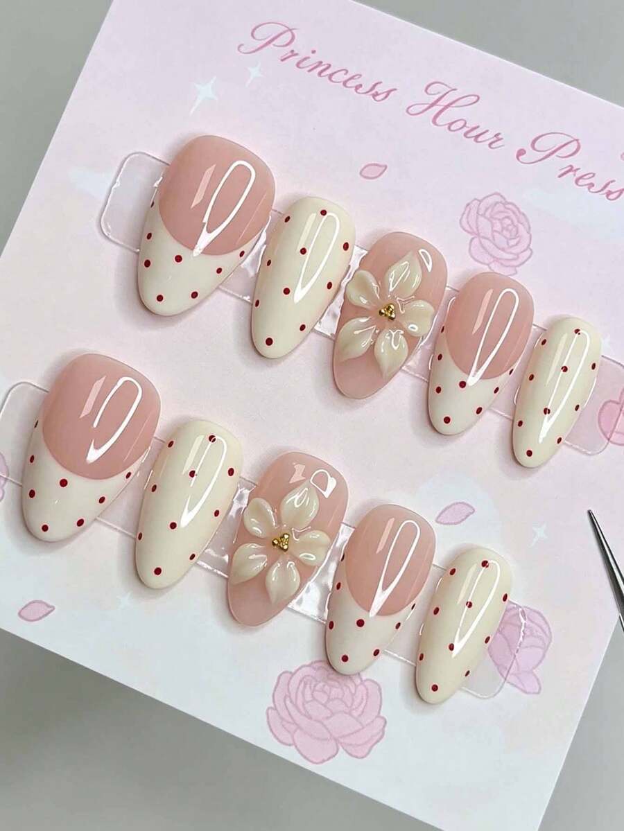 Korean Style Press On Nails 10Pcs Medium Almond Nails French Manicure Red Dot 3D Flower Decoration Glossy Fake Nails Nail Set For Party Dating - Multicolor - View 1