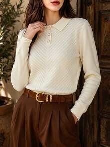 DONICY Women's Cream Polo Collar Diagonal Hollow Half Button Cropped Knit Top, Long Sleeve Textured Sweater For Spring Fall Daily Wear - Apricot - View 8