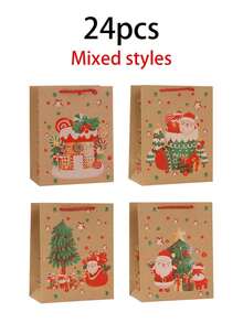 24pcs Set Of Christmas-Themed Printed Kraft Paper Gift Bags-Perfect For Party Favors, Table Decorations, Guest Gifts, And General Gift-Giving; An Ideal Choice For Holiday Gift Packaging. - Multicolor - View 12