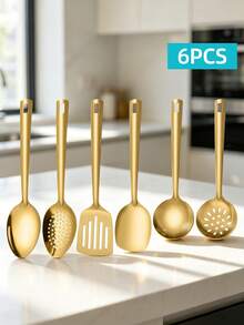 Set Peralatan Masak Dapur Logam 6 Buah, Sendok, Spatula, Sendok Sayur, Saringan Stainless Steel, Warna Emas dan Perak, Peralatan Dapur Tahan Lama, Cocok untuk Memasak Sehari-hari - - - View 1