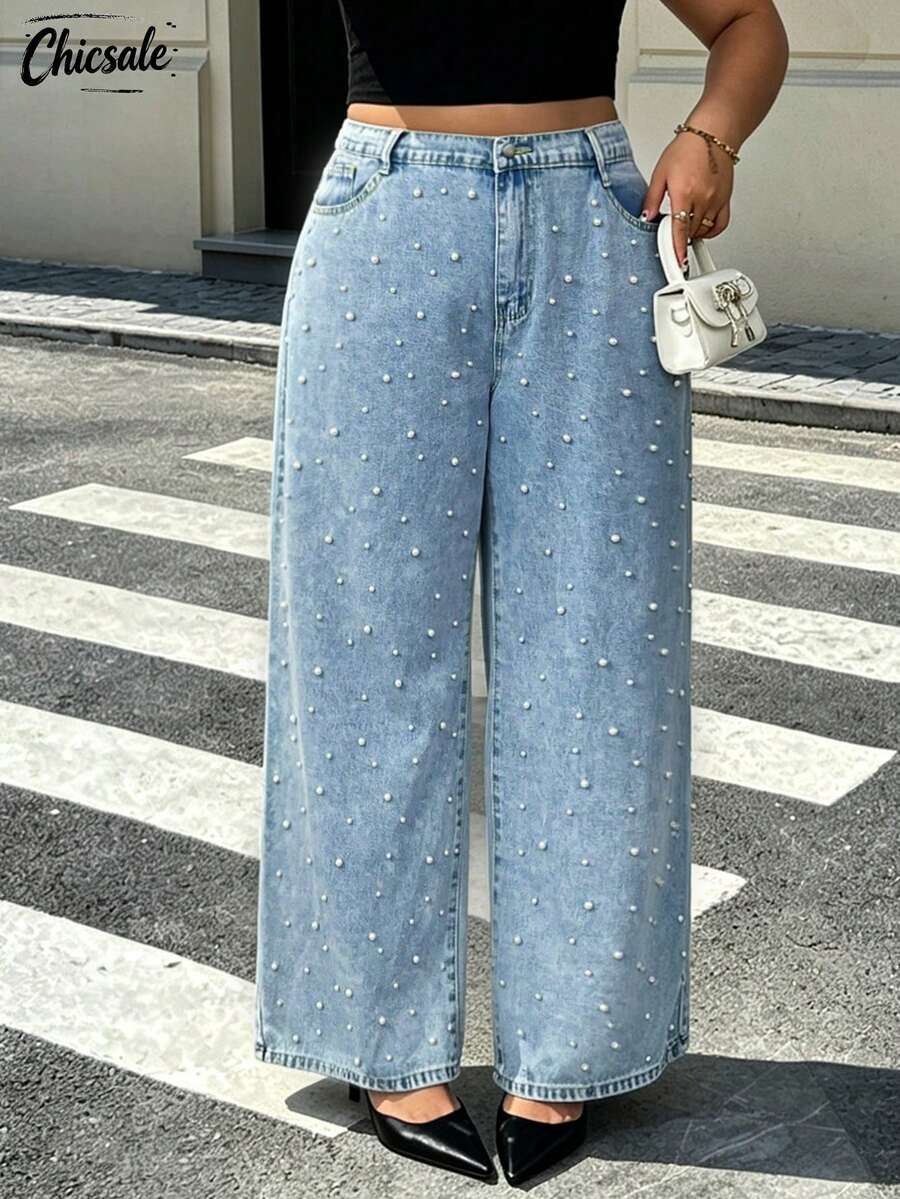Plus Size Women Pearl Embellished Straight Leg Jeans Casual Spring - Light Wash - View 1