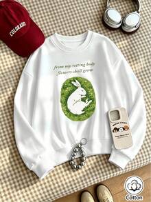 Relaxed Fit Cotton Crew Neck Sweatshirt With Green Rabbit Graphic And Letter Print For Young Adults, Breathable Casual Pullover - White - View 4