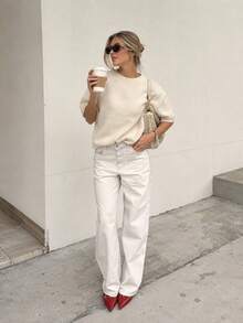 Spring/Summer Women's New American Style Knit Short Sleeve Round Neck Sweater Top - Beige - View 2