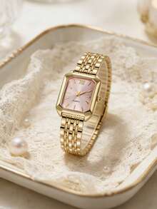 2Pcs Matching Vintage Square Quartz Watch Set For Girl & Kids Girls, Ins Style Gold Metal Band Roman Number Daily Wrist - Pink - View 9