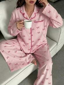 Nina Bonheur 2pcs/Set Women's Loose Comfortable Breathable Long Sleeve Top + Long Pants Cute Pajama Set - Hot Pink - View 5