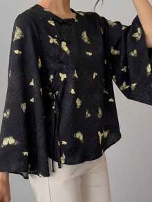 Spring/Autumn Women's Chinese Style Top, Black Cheongsam Round Neck Short Blouse, Frog Button Dark Pattern Butterfly Print Asymmetric Collar Long Flared Sleeve Elegant Tang Suit Shirt Hanfu Jacket - Black - View 3