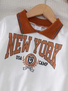 2pcs Young Girls Vintage Campus Style Color Block Lapel Letter Print Long Sleeve Sweatshirt & Versatile Pleated Skirt Spring Autumn Set - Burnt Orange - View 4