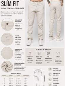 Calça Masculina Sarja Bege com Bolsos Tradicionais – Corte Slim Casual - Damasco - Visão 3