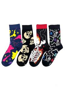 1/4 Pairs Halloween Funny Quirky Mid-Calf Socks. Skeleton Bones Bat. Ghost. Flame Flower Pattern. Unisex Gothic Style Party Outfit. Holiday Gift Decoration Socks. Autumn/Winter - Multicolor - View 8