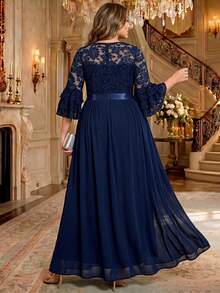 Plus Size V-Neck Floral Lace Ruffle Layered Sleeve Colorblock Chiffon Ruched Hem Formal Evening Party Dress, Suitable For Birthday, Homecoming Dance, Wedding Guest - Navy Blue - View 2