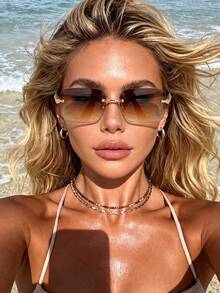 1 Pair Women's Metal Rimless Square Fashion Glasses, Fashion Sun Protection Glasses With Chain Temple, Premium Casual Rimless Cut Edge Fashion Glasses - Multicolor - View 2