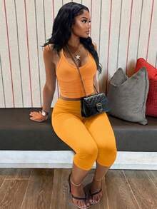 Women's Casual V-Neck Ribbed Knit Tank Top & Slim Fit Capris Solid Color 2-Piece Set Summer Outfit Elegant - Orange - View 2