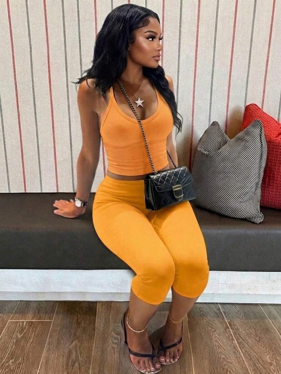 Women's Casual V-Neck Ribbed Knit Tank Top & Slim Fit Capris Solid Color 2-Piece Set Summer Outfit Elegant