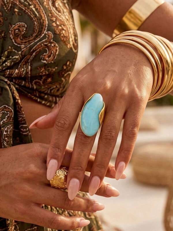 1pc Bohemian Style Premium Alloy Large Oval Ring, Flattering Skin Tone, Suitable For Women's Daily Commute, Party, Beach Vacation, Photography, Music Festival, Versatile Wear