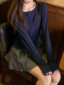 Women's Long Sleeve Henley Neck T-Shirt, Contrast Trim And Embroidery, Regular Length Top, With Button Detail - Navy Blue - View 3