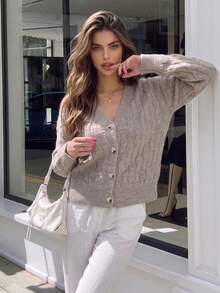 Women Autumn Cable Knit Cardigan V Neck Long Sleeve Button Down Fuzzy Sweater Coat Casual Festival Outfit - Grey - View 9