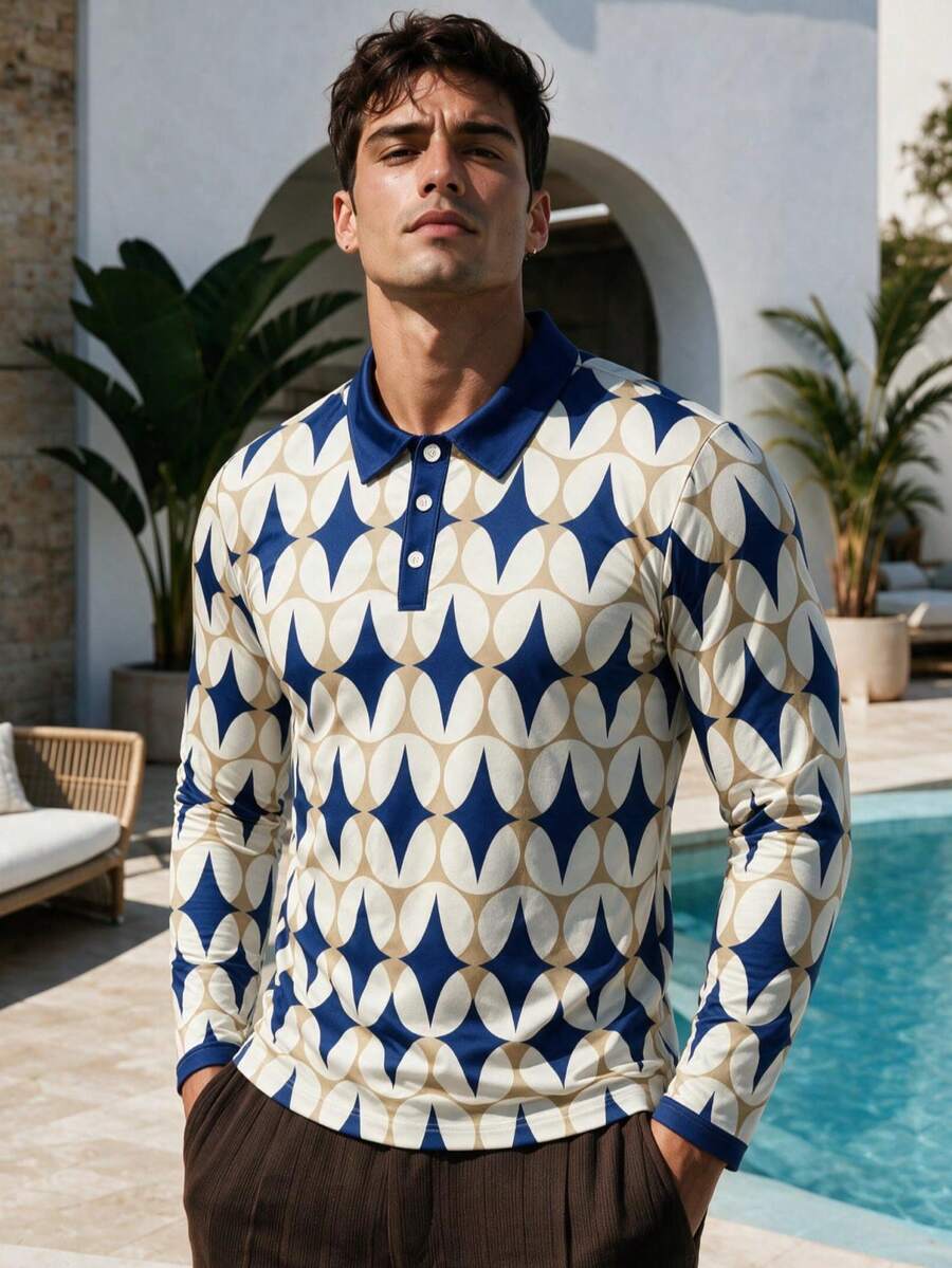 Men's Vacation Blue Tone Star Ring Geometric Print Long Sleeve Polo Shirt - Multicolor - View 1