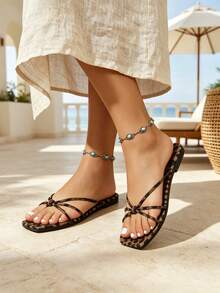 Bohemian Leopard Print Flat Sandals For Women Summer Rope Crisscross Toe Post Beach Vacation Flip Flop - Leopard Print - View 5