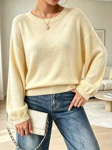 Plus Size Women Solid Color Round Neck Drop Shoulder Knit Sweater Autumn Winter Slouchy Loose Plus Size Long Sleeve Soft Pullover - Yellow - View 5