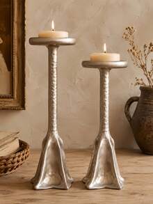1pc Hammered Texture Pillar Candle Holder, Vintage Distressed Silver Flared Base Tall Candle Stands, Rustic Wabi-Sabi Decorative Candlestick For Dining Table Centerpiece Fireplace Mantel Home Decor - Silver Hill - View 5