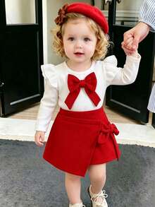 Baby Girl White Long Sleeve Top With Red Bow Accent And Red Design Skirt Set, Autumn/Winter - Red - View 1
