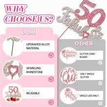 Pink Rhinestone 50 & Fabulous Cake Topper, Sparkling 50th Birthday Cake Decoration With Heart For Women, Party, Anniversary & Celebration - Style a - View 10