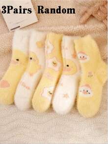 1/2/3 Pairs Random Color Women's Cute Cartoon Duck Pattern Fluffy Plush Warm Casual Home Mid-Calf Socks - Multicolor - View 4