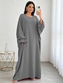Gaun Abaya Panjang Lengan Panjang Longgar, Jubah Kasual Leher Bulat Panjang, Cocok untuk Pemakaian Sehari-hari - MultiWarna - View 16