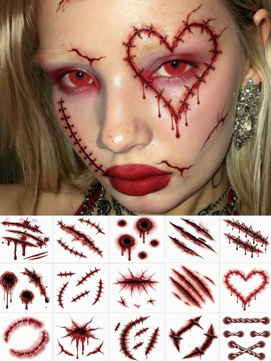 15 Sheets Fake Scar Halloween Zombie Tattoos Fake Stitches Bloody Face Stickers Scary Clown Face Tattoos For Prank Makeup Holiday Cosplay Halloween Decoration - Multicolor - View 1