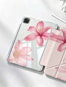 1pc Pink Lily Print Acrylic Y-Fold Protective Case, Magnetic Closure With Pencil Slot, Auto Sleep/Wake, Compatible With IPad 5/6/7/8/Air 3/4/5/6/7/8/Pro 11/10th/11th Gen/Mini 6/7 Shockproof Tablet Shell - Multicolor - View 2