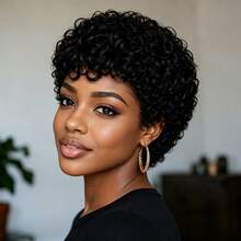 Short Elfin Cut Human Hair Wig For Women Short Afro Curly Wave Human Hair Wig With Bangs Remy Peruvian Human Hair Wig Elastic Net Full Machine Made Black Colored Human Hair Holiday Wear Party Wear Music Festival - Natural Black - View 3