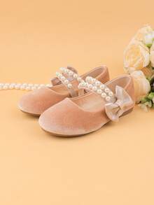 女童婚宴派對晚宴甜美可愛花童鞋 大中小女孩兒童鞋 嬰兒鞋 女孩時尚卡其色簡約珍珠蝴蝶結 秋冬假期平底瑪麗珍芭蕾公主鞋 復古毛絨蓬鬆麂皮鞋 - 卡其色 - 查看 6