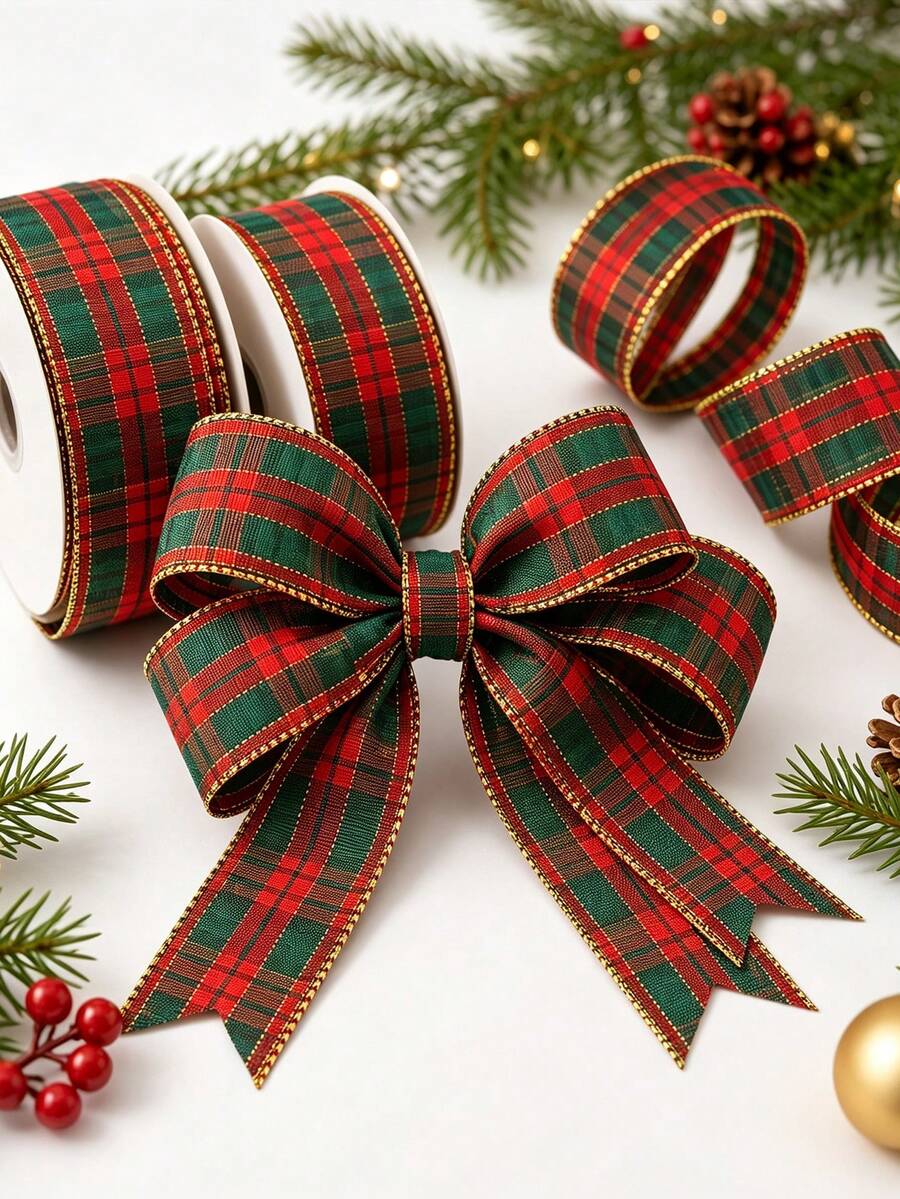 10 Yards Red & Green Plaid Ribbon With Luxury Gold Trim Pattern, Suitable For Gift Wrapping, Holiday Celebrations, Making Bows, Wreaths And Other DIY Crafts - Multicolor - View 1