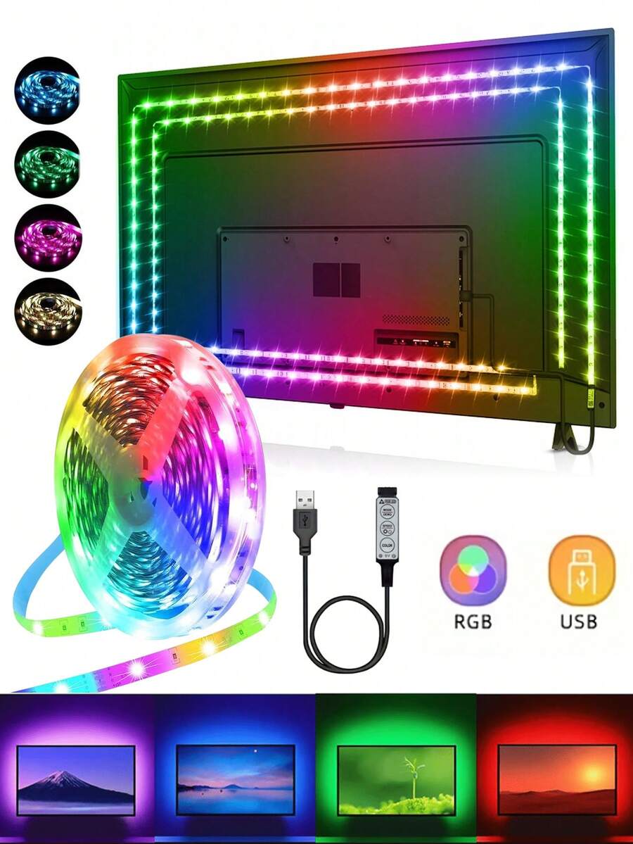 USB Powered RGB TV Backlight Strip, Color Changing Ambient Light, Suitable For TV, Computer Monitor, Home Theater Decoration, Room, Living Room And Cabinet Decor Ambient Light Strip