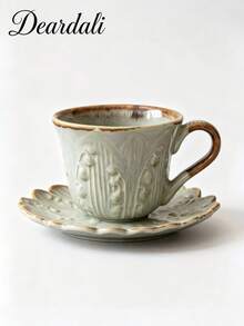 DearDali 1 Set Vintage Embossed Lily Of The Valley Ceramic Cup And Saucer Set, Kiln Glazed Rim Coffee Latte Cup, Vintage Relief Tabletop Decor Afternoon Tea Cup, Aesthetic Tableware, Tea Cup, Suitable For Coffee Or Tea, Fun Gift Cup For Friends - Multicolor - View 10