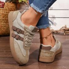 New Fashion Colorblock Women's Flat Round Toe Lace-Up Casual Shoes, Sports Lace-Up Home Wear - Khaki - View 2