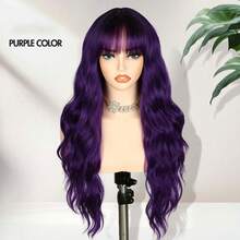 Purple Wig With Bangs Ombre With Dark Roots Heat Resistant Synthetic Wavy Curly Hair For Cosplay Women Daily Party Use 26 Inches - Purple - View 2