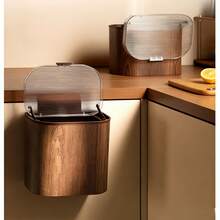 1PC Wall-Mounted Trash Can For Kitchen Cabinet, No-Drill Adhesive Trash Bin, Wood Grain Aesthetic Design, Large Horizontal Opening For Easy Waste Collection, Two Opening Methods: Flip Up Or Slide Down, Two Installation Options: Hook Or Adhesive, U-Shaped Slot Fits Most Cabinet Doors - Multi-color - View 6